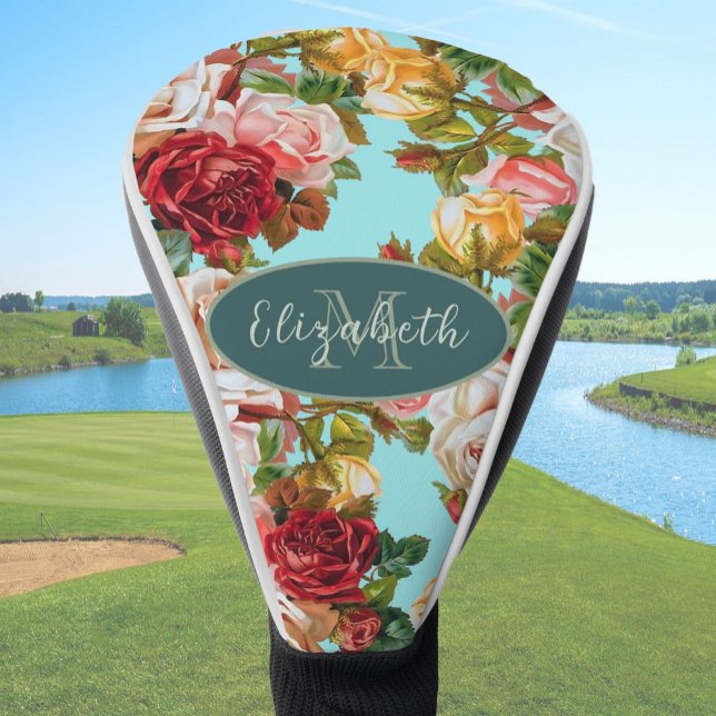Blue and Pink Roses Custom Monogram and Name Golf Head Cover (Creator Uploaded)