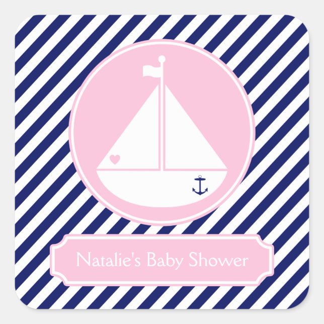 Blue and Pink Sailboat  Baby Shower Square Sticker (Front)