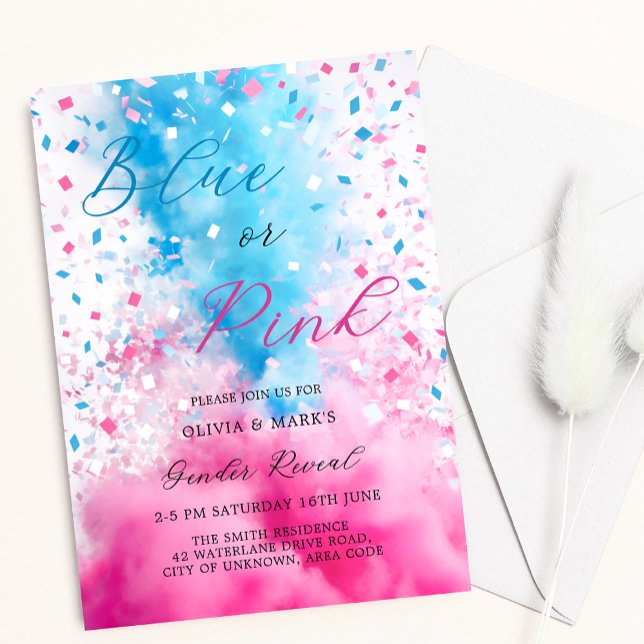 Blue and Pink Smoke and Confetti Gender Reveal Invitation (Creator Uploaded)