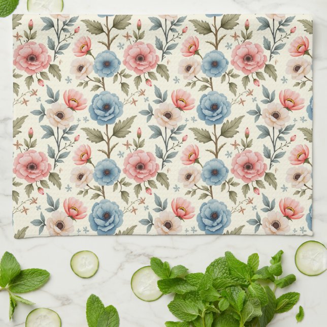 Blue and Pink Spring Floral Fantasy Tea Towel (Folded)