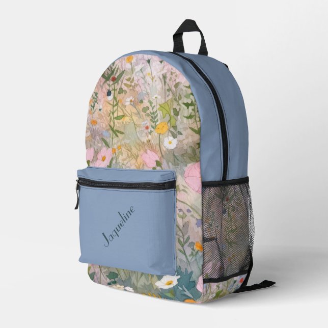 Blue and Pink Spring Meadows Background Printed Backpack (Back Corner Right)