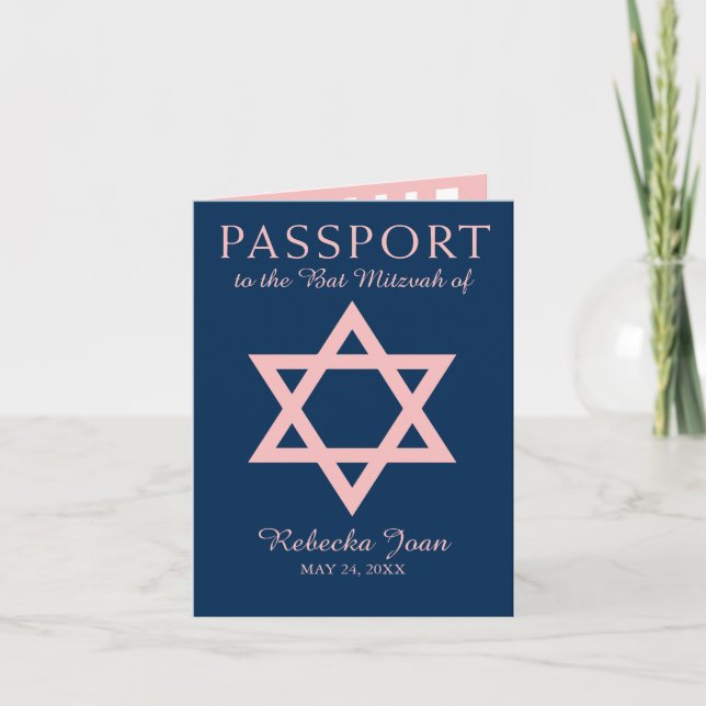 Blue and Pink Star of David Bat Mitzvah Passport Invitation (Front)