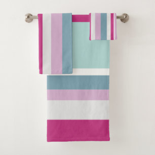 Blue and pink stripes bath towel set