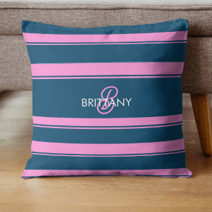 Blue and Pink  Stripes Pattern Monogram Cushion