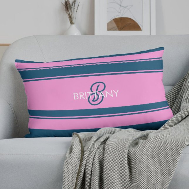Blue and Pink  Stripes Pattern Monogram Lumbar Cushion (Creator Uploaded)