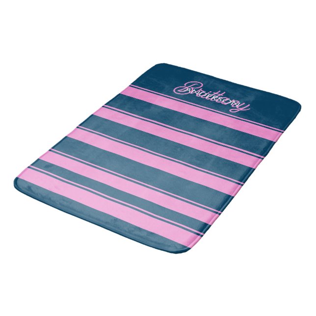 Blue and Pink  Stripes Pattern Personalised  Bath Mat (Angled)