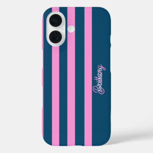 Blue and Pink Stripes Pattern Personalised iPhone 16 Case