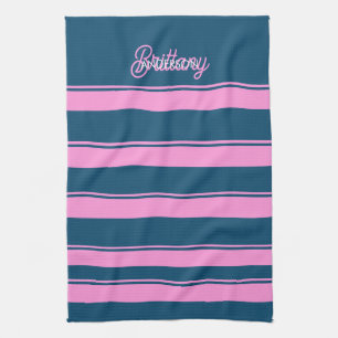 Blue and Pink  Stripes Pattern Personalised  Tea Towel
