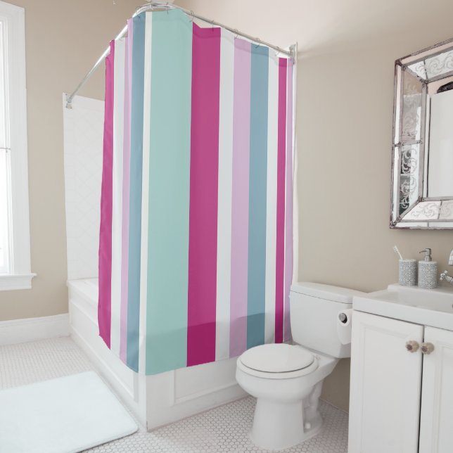 Blue and pink stripes shower curtain (In Situ)