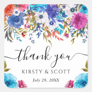Blue and Pink Summer Flowers Wedding Square Sticker