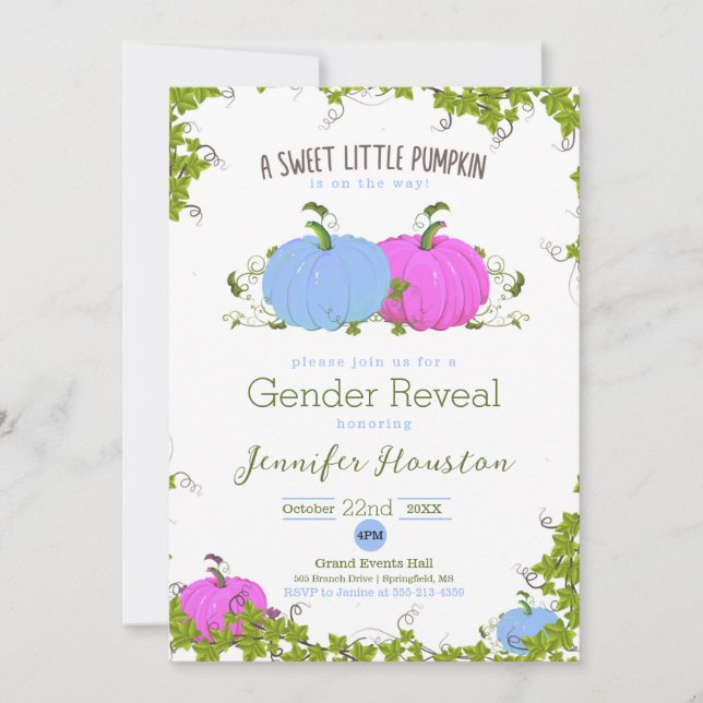 Blue and Pink Sweet little pumpkin Gender Reveal Card (Front)