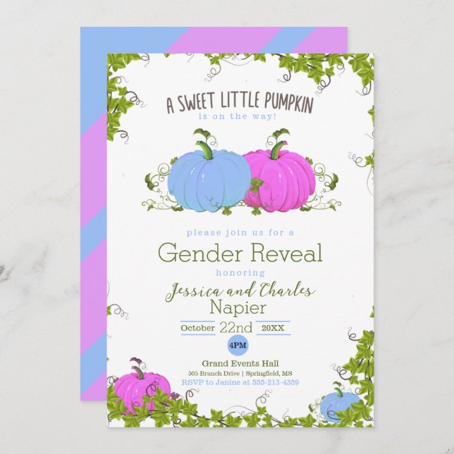 Blue and Pink Sweet little pumpkin Gender Reveal Card (Front/Back)