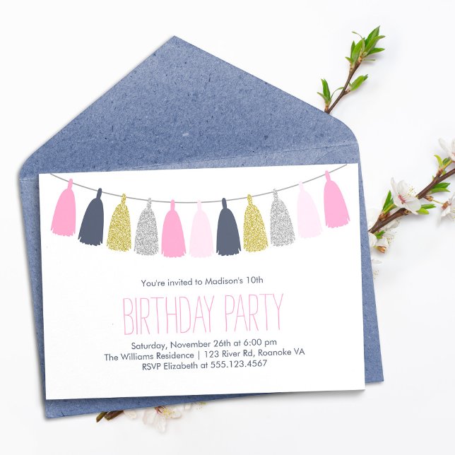 Blue and Pink Tassel Garland Birthday Party Invitation (Creator Uploaded)