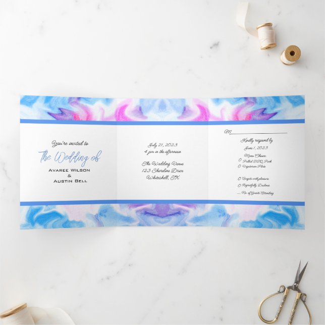 Blue and Pink Tie Dye Tri-Fold Invitation (Inside)