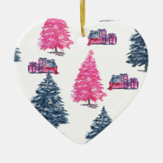 Blue and Pink Trees and Gifts Ceramic Ornament