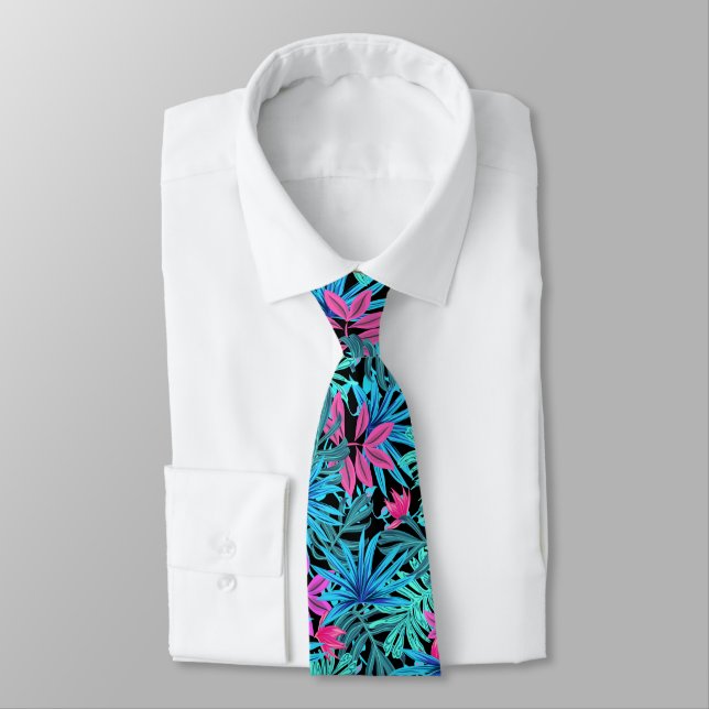Blue and Pink Tropical Leaves Illustration Tie (Tied)