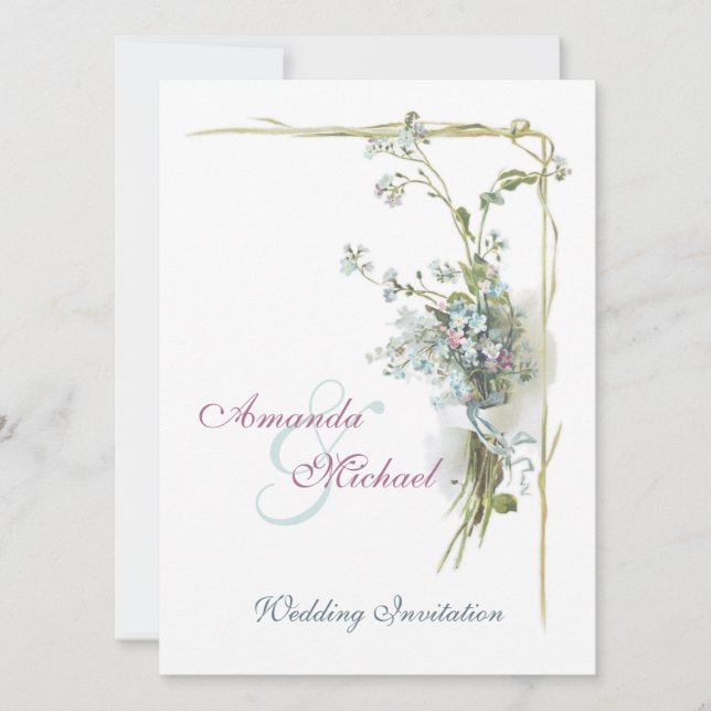 Blue and pink vintage flowers wedding invitation (Front)