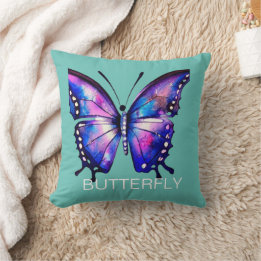 Blue and pink watercolor butterfly cushion