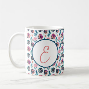 Blue and pink watercolor floral pattern monogram coffee mug