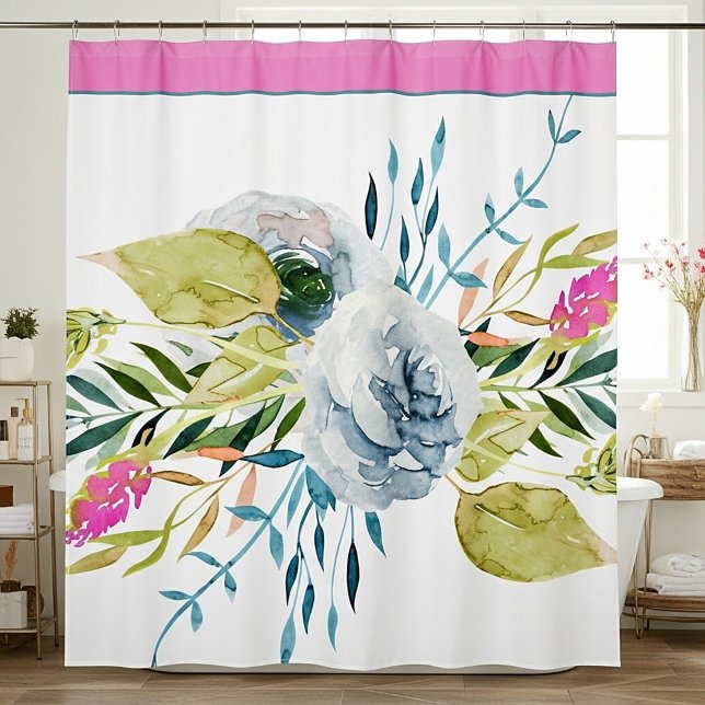 Blue and pink watercolor floral shower curtain (Creator Uploaded)