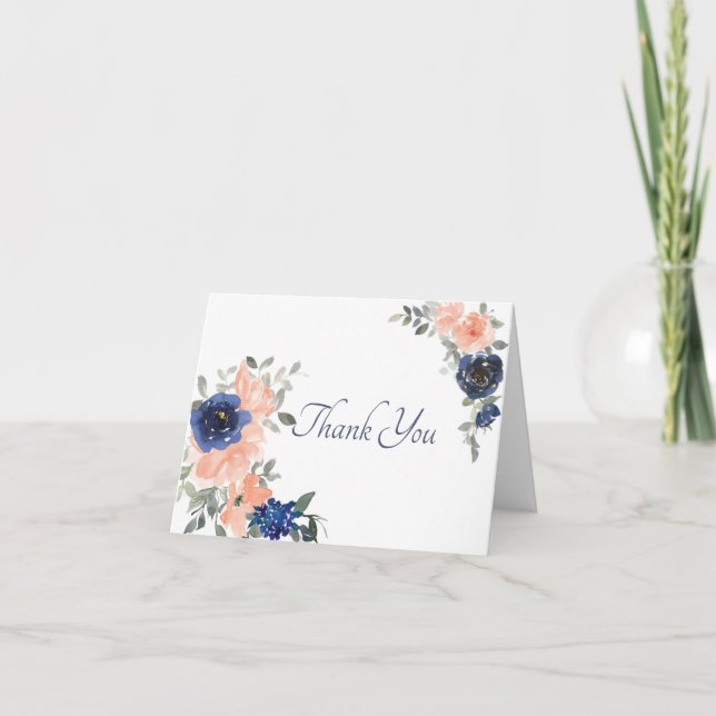 Blue and pink watercolor floral thank you card (Front)