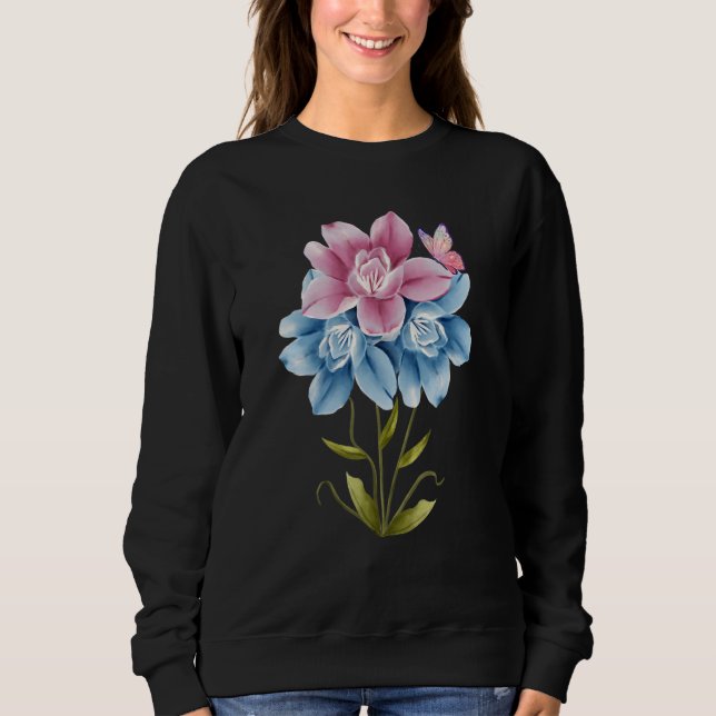 Blue and pink Watercolor Lilies and Butterfly Grap Sweatshirt (Front)