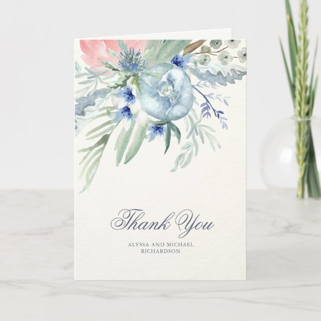 Blue and Pink Watercolor Peonies Thank You Card (Front)