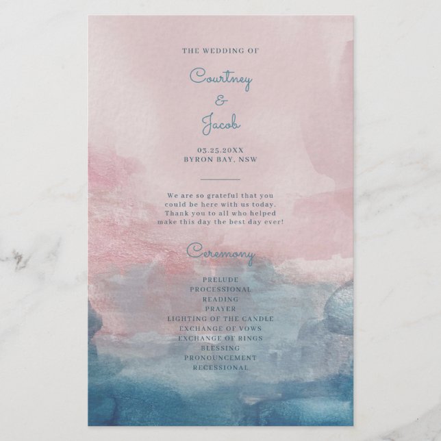 Blue and Pink Watercolor Wedding Ceremony Program (Front)