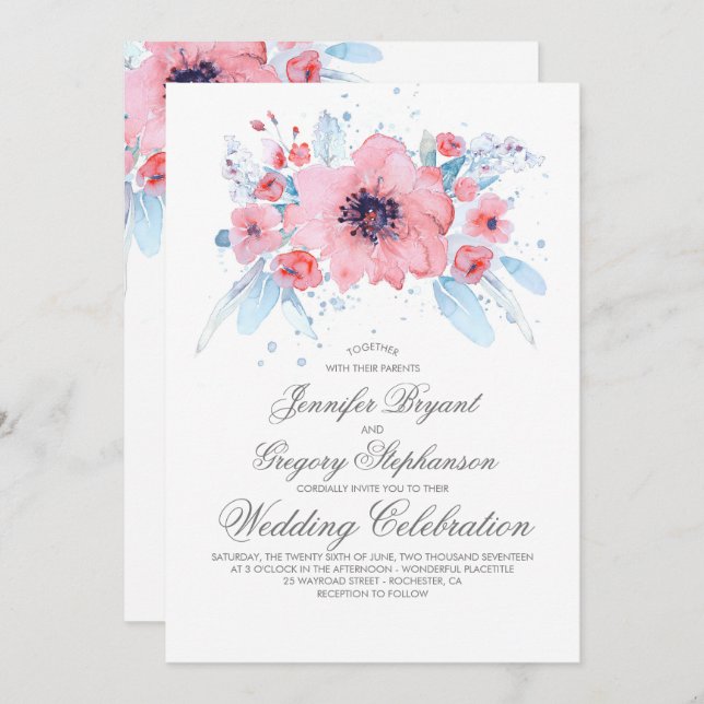 Blue and Pink Watercolors Floral Wedding Invitation (Front/Back)