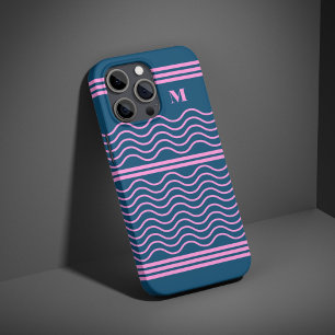 Blue and Pink Wavy Stripes Pattern Monogram iPhone 16 Pro Case