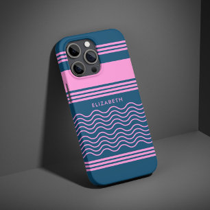 Blue and Pink Wavy Stripes Pattern Monogram iPhone 16 Pro Case