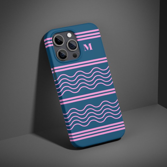 Blue and Pink Wavy Stripes Pattern Monogram Case-Mate iPhone Case (Creator Uploaded)