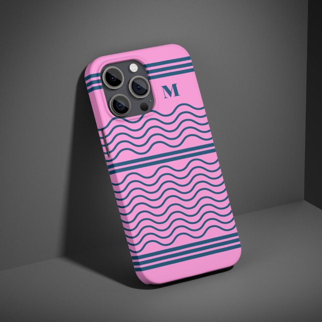 Blue and Pink Wavy Stripes Pattern Monogram iPhone Case (Creator Uploaded)