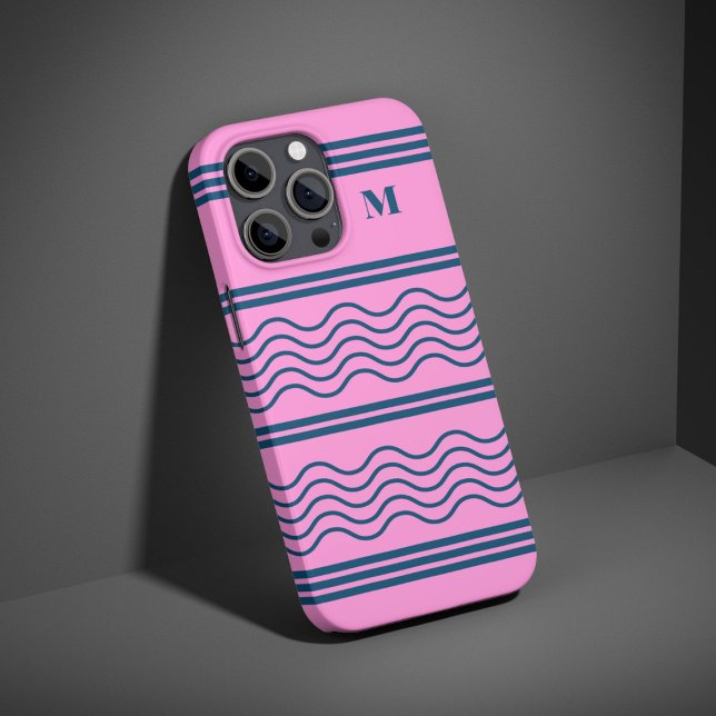 Blue and Pink Wavy Stripes Pattern Monogram iPhone Case (Creator Uploaded)