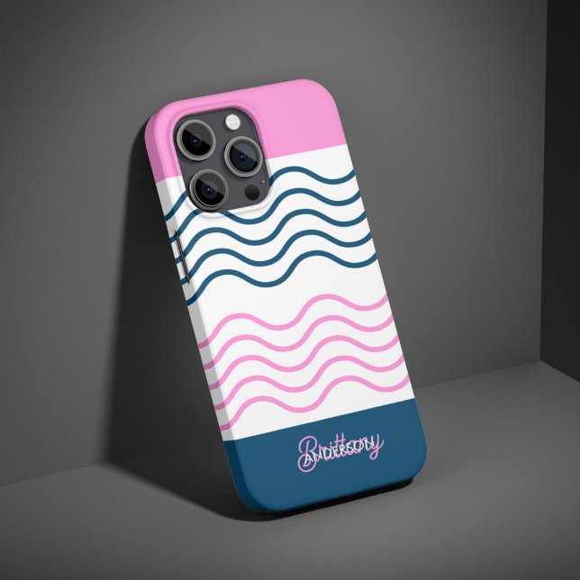 Blue and Pink Wavy Stripes Pattern Personalised  Case-Mate iPhone Case (Creator Uploaded)