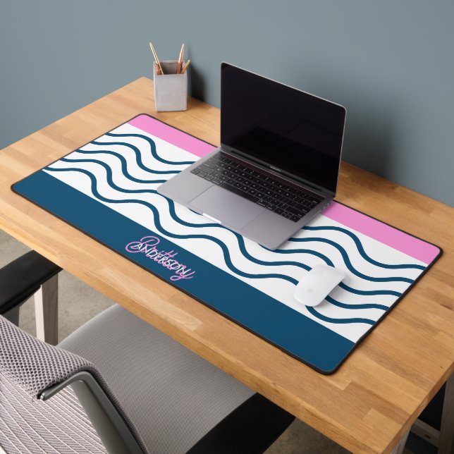 Blue and Pink Wavy Stripes Pattern Personalised  Desk Mat (Office 2)