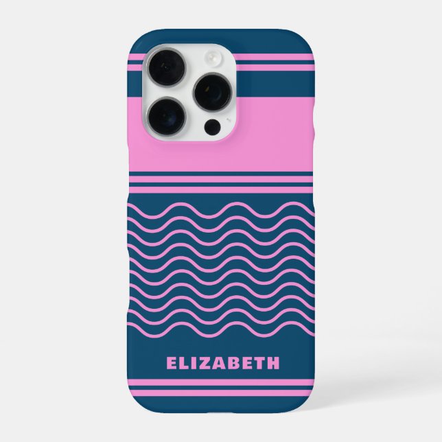 Blue and Pink Wavy Stripes Pattern Personalised  iPhone Case (Back)