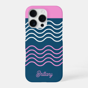 Blue and Pink Wavy Stripes Pattern Personalised iPhone 16 Pro Case