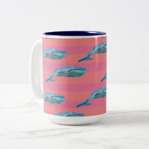 Blue and Pink Whale Fish Art  Two-Tone Coffee Mug