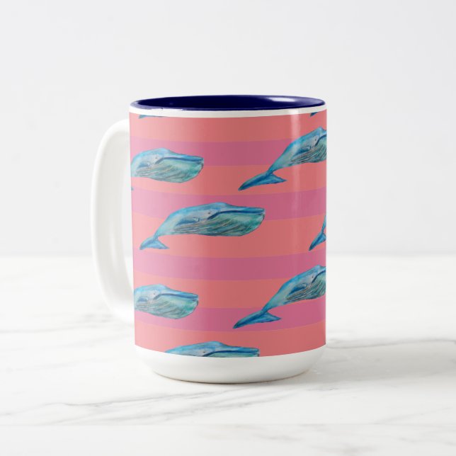 Blue and Pink Whale Fish Art  Two-Tone Coffee Mug (Front Left)