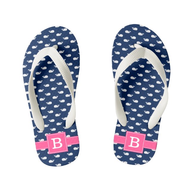 Blue and Pink Whales Square Monogram Kid's Thongs (Footbed)