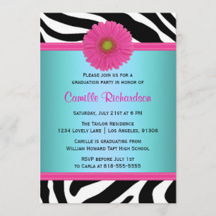 Blue and Pink, Zebra Graduation Party Invitation