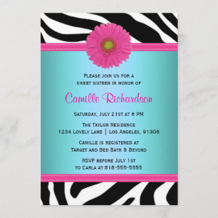 Blue and Pink, Zebra Sweet Sixteen Invitation