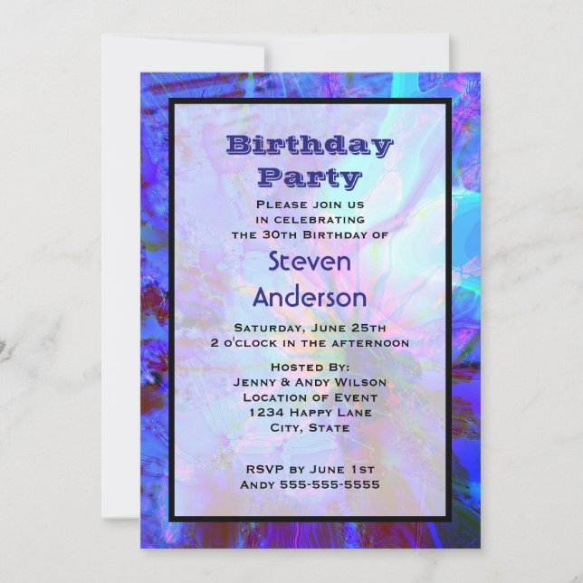Blue and Purple Abstract Birthday Party Invitation (Front)