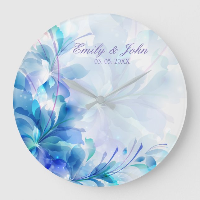 Blue And Purple Abstract Flowers - Save The Date Large Clock (Front)