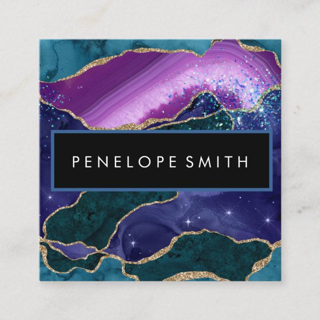 Blue and Purple Agate Abstract Square Business Card (Front)