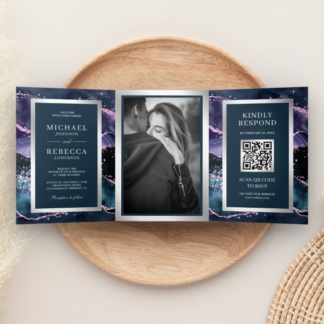 Blue and Purple Agate Marble QR Code Wedding Tri-Fold Invitation (Creator Uploaded)