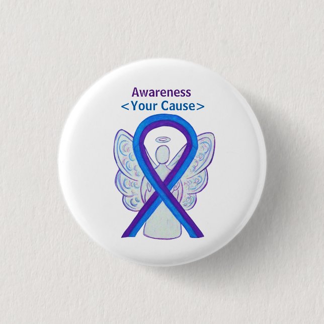Blue and Purple Awareness Ribbon Angel Button (Front)
