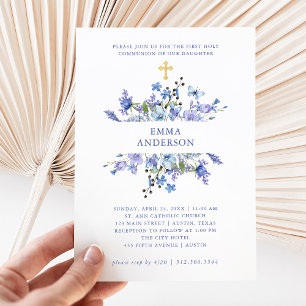 Blue and Purple Boho   Floral First Holy Communion Invitation
