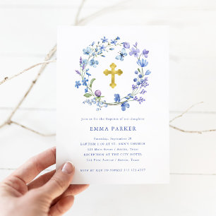 Blue and Purple Boho Wreath and Cross Baptism Invitation